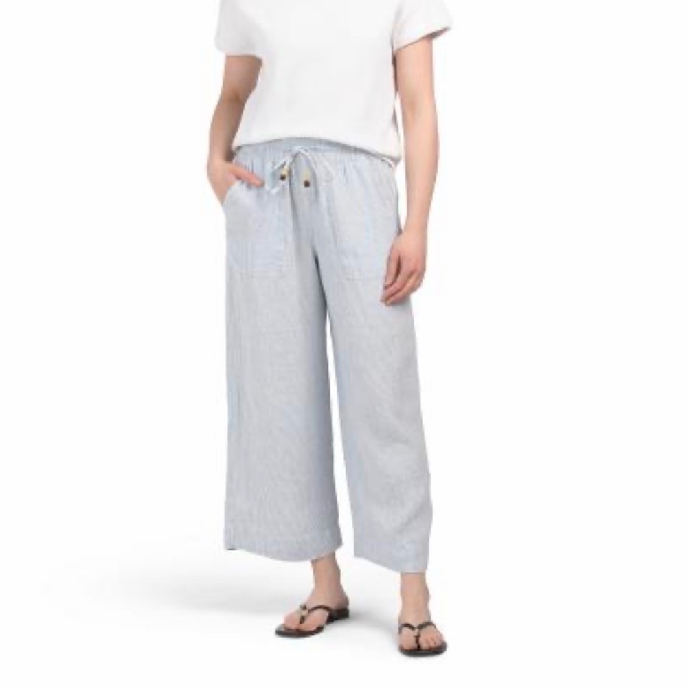 Martha Stewart Collection Striped Light Blue Striped Wide-Leg Drawstring Pants